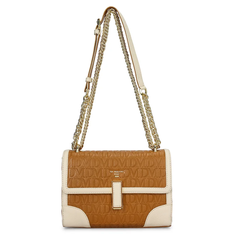 دا ميلانو حقيبة كتف جلدية بحروف شعار صغيرة - كراميل